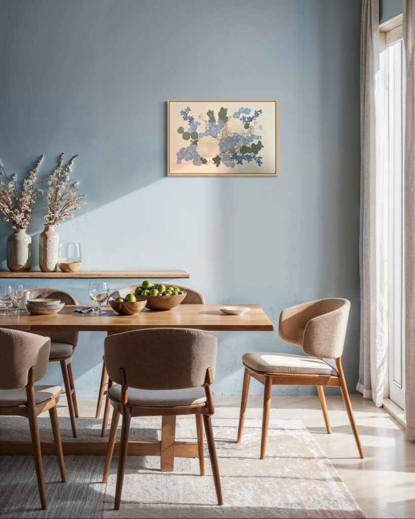 Brautstraußkonservierung im Holzrahmen über Esstisch - gepresste Hochzeitsblumen in Blau und Creme als Wandbild im skandinavischen Esszimmer - Flomory