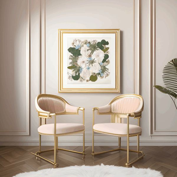 Elegantes Wohnzimmerdesign mit zwei rosa-goldenen Stühlen und gerahmter Blumenkunst an pastellfarbener Wand