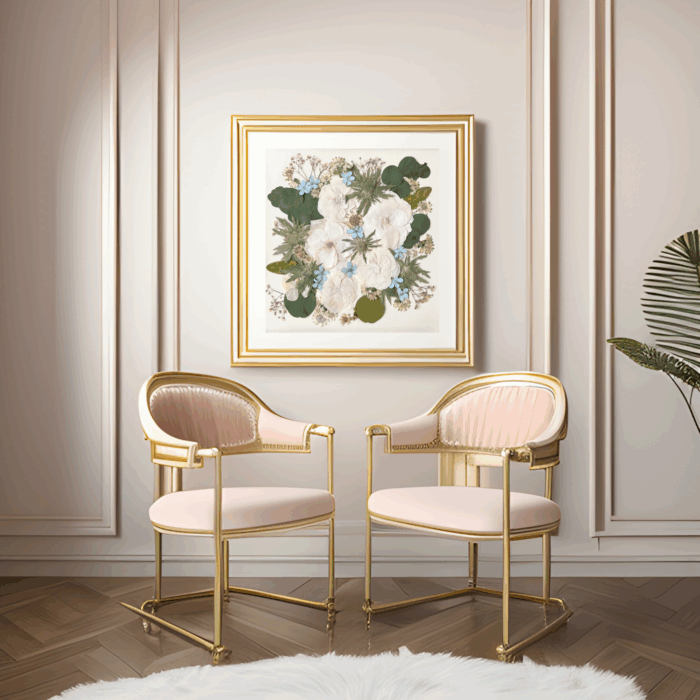 Elegantes Wohnzimmerdesign mit zwei rosa-goldenen Stühlen und gerahmter Blumenkunst an pastellfarbener Wand
