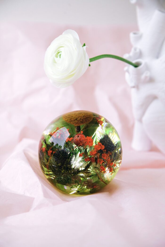 Eine transparente Kunstharzkugel mit konservierten Wildblumen, darunter dunkle Disteln und leuchtend orange-rote Blüten, umgeben von grünen Blättern. Die Kugel liegt auf einem zart rosa Stoffhintergrund, der weiche Falten wirft. Im oberen Bildbereich ist eine frische weiße Ranunkelblüte mit grünem Stiel zu sehen, die einen eleganten Kontrast zur Harzkugel bildet. Im unscharfen Hintergrund ist eine weiße Dekofigur oder Vase erkennbar. Die Kunstharzkugel fängt die natürliche Schönheit der Wildblumen in einem dauerhaften Medium ein und schafft ein harmonisches Zusammenspiel zwischen den präservierten Pflanzen im Inneren und der frischen Blüte außerhalb der Kugel.