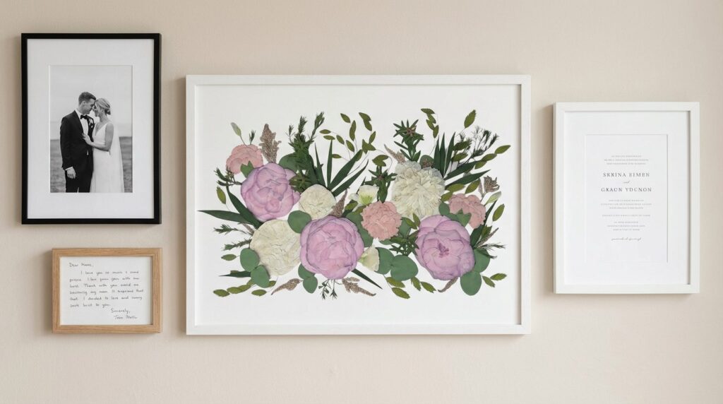Gepresster Brautstrauß im weißen Bilderrahmen als Teil einer modernen Gallery Wall mit Hochzeitsfoto, Einladungskarte und handgeschriebenem Eheversprechen