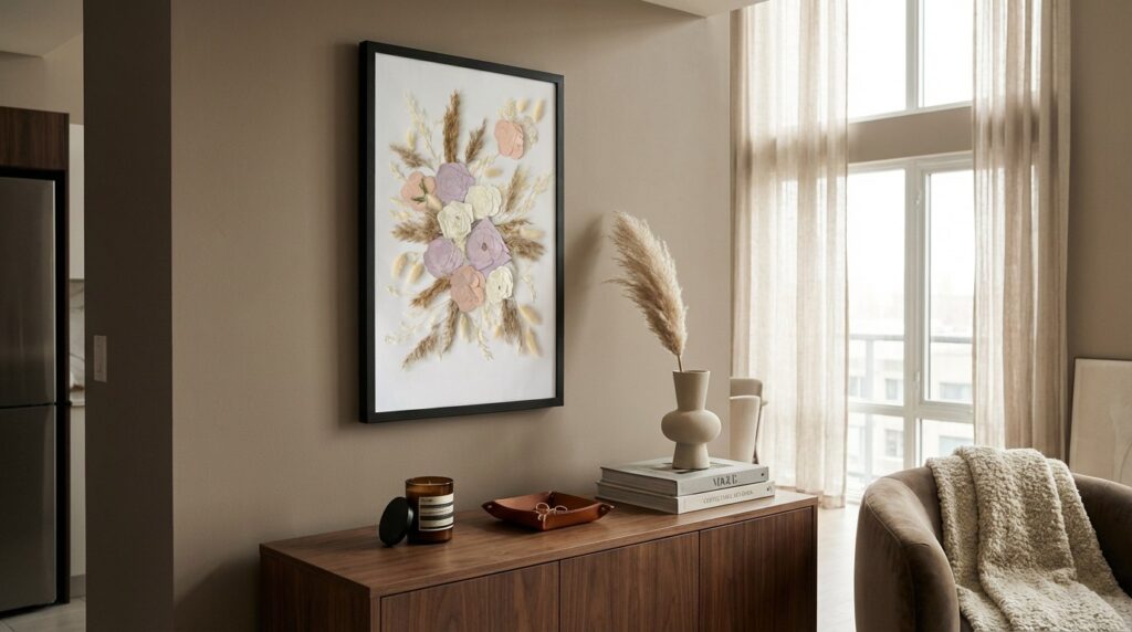 Gepresster Brautstrauß im schwarzen Bilderrahmen über Walnuss-Sideboard mit Designer-Kerze, Schmuckschale, Kunstbüchern und Pampasgras-Vase in luxuriösem Wohnzimmer