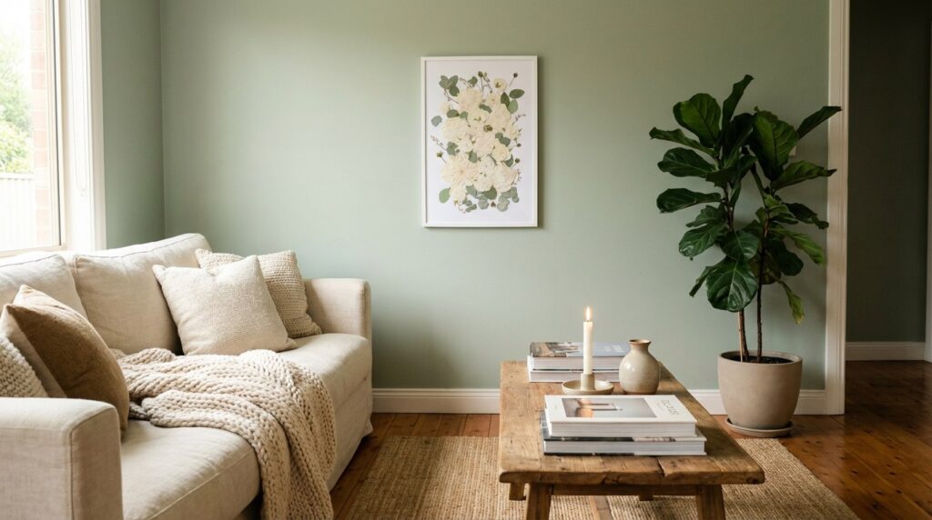 Gepresster Brautstrauß im weißen Bilderrahmen auf Augenhöhe an salbeigrüner Wand in gemütlichem Wohnzimmer mit Leinensofa und Holzmöbeln