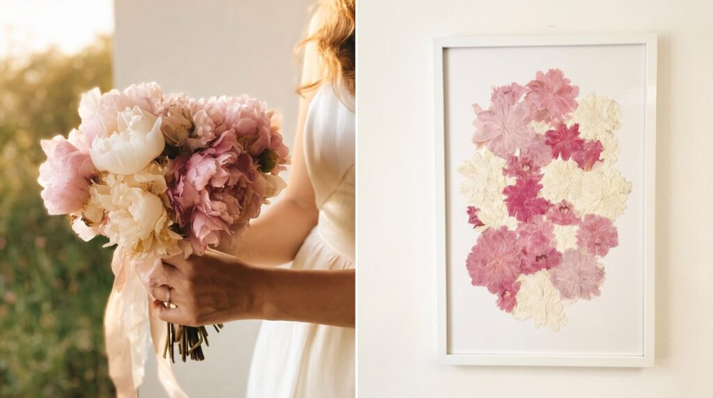 Brautstrauß vorher nachher Vergleich: Braut hält frischen Pfingstrosen-Strauß am Hochzeitstag und gepresste Blumen im weißen Bilderrahmen