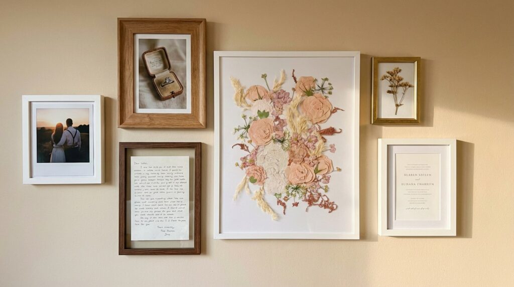 Gepresster Brautstrauß als Herzstück einer Galerie-Wand mit gerahmtem Hochzeitsfoto, Liebesbrief, Ehering-Foto, Hochzeitseinladung und getrockneten Blumen