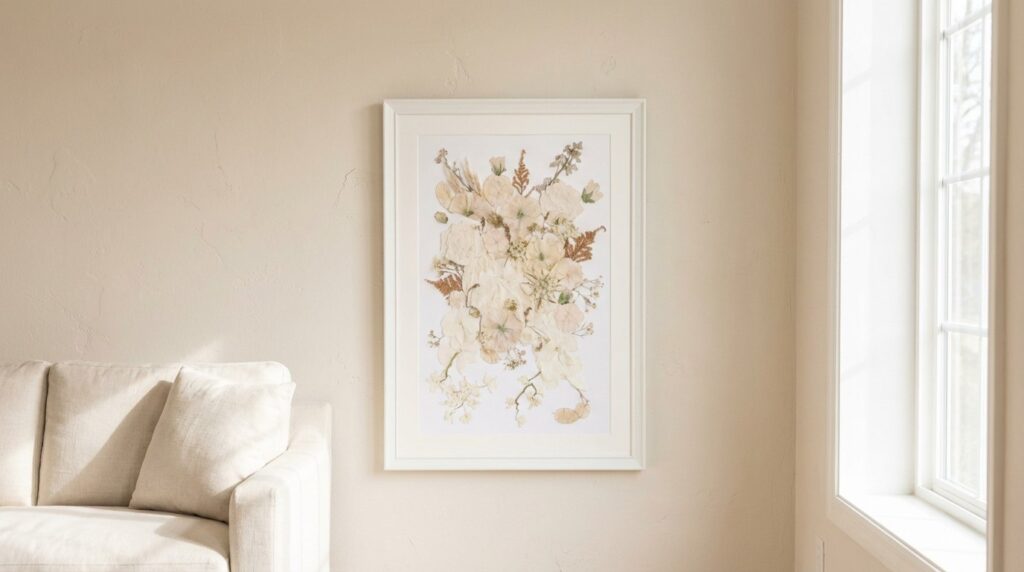 Gepresster Brautstrauß in weißem Bilderrahmen an beiger Wand im hellen Wohnzimmer mit Leinensofa und natürlichem Licht